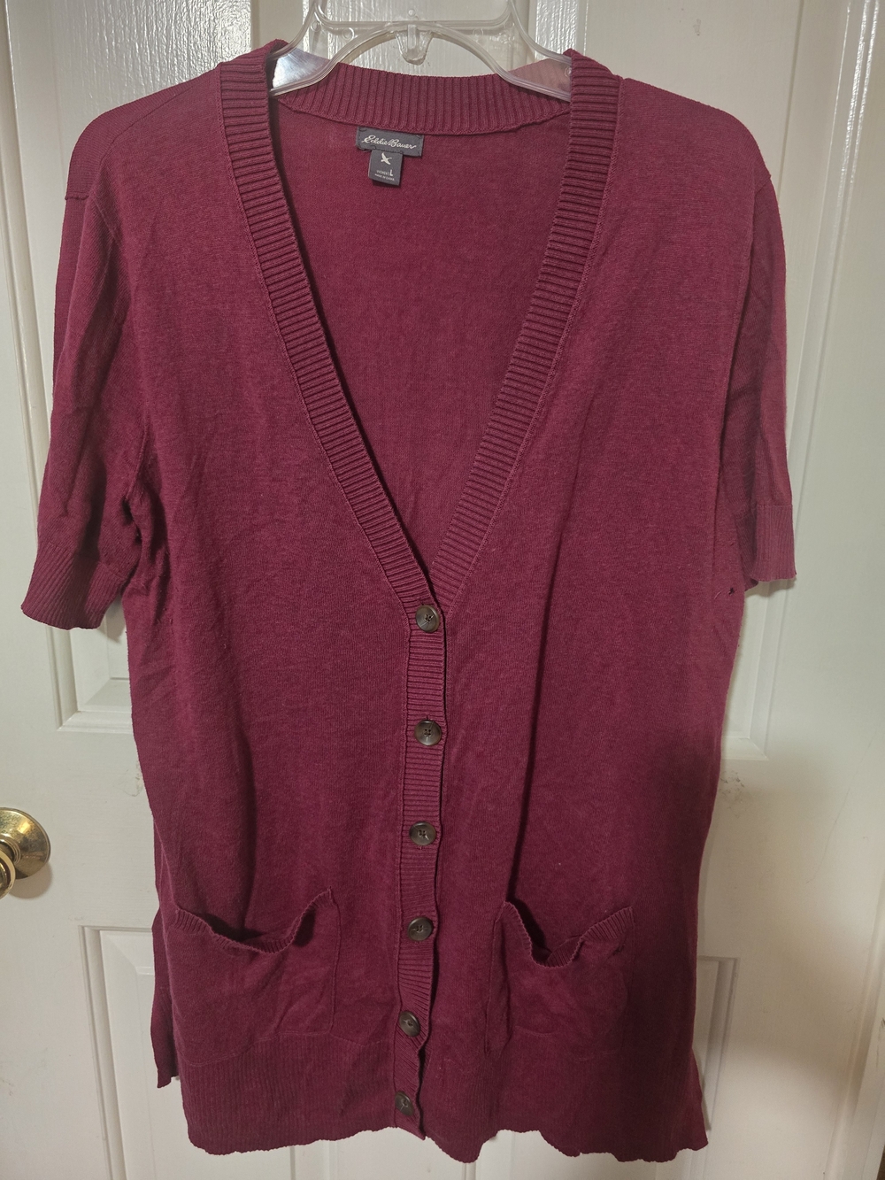 Eddie Bauer Short-Sleeve Button-Front Cardigan in Berry